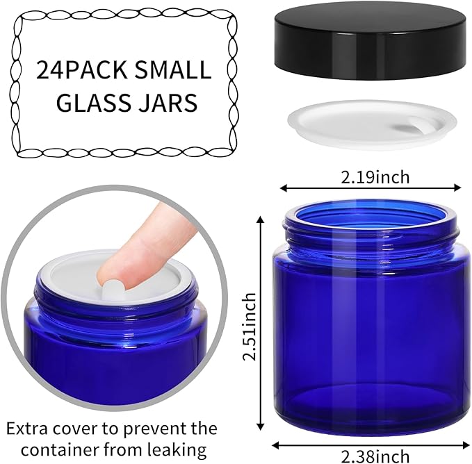 KEYWING 4oz Blue Glass Cosmetic Jars with Black Lids, 24 Pack Empty Small Glass Jars with Inner Liners for Cream, Lotion, Ointments, Powder