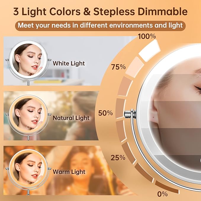 Gospire 7" Lighted Makeup Mirror with Magnification 10X/1X, Height Adjustable & 3 Color Dimmable Lights, 360° Swivel Double Sided Light up Rechargeable LED Cosmetic Vanity Cordless Standing Mirror