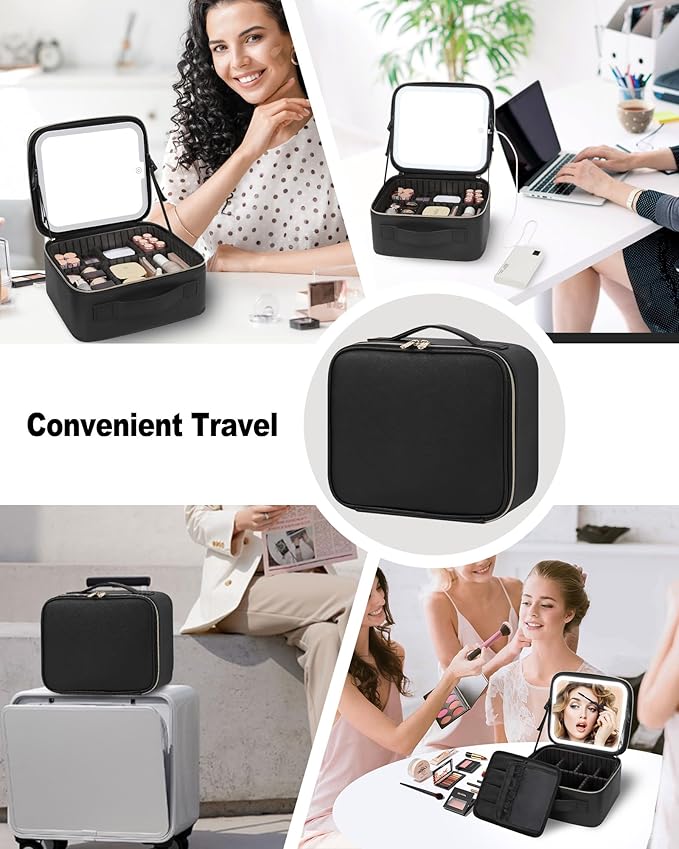 Makeup Bag With LED Mirror, Travel Makeup Case with Light up Mirror Large Cosmetic Case with 3 Color Lighted Portable Organizer Bag with Adjustable Dividers（Black）