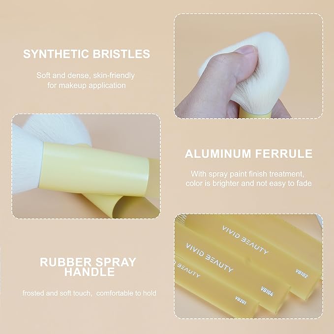 5pcs Yellow Face Makeup Brush Set – Mimic Natural Wool Synthetic Bristles, Non-Slip Rubber Handles – Cruelty-Free, Travel-Friendly Make up Brushes– Perfect for Contouring, Setting & More