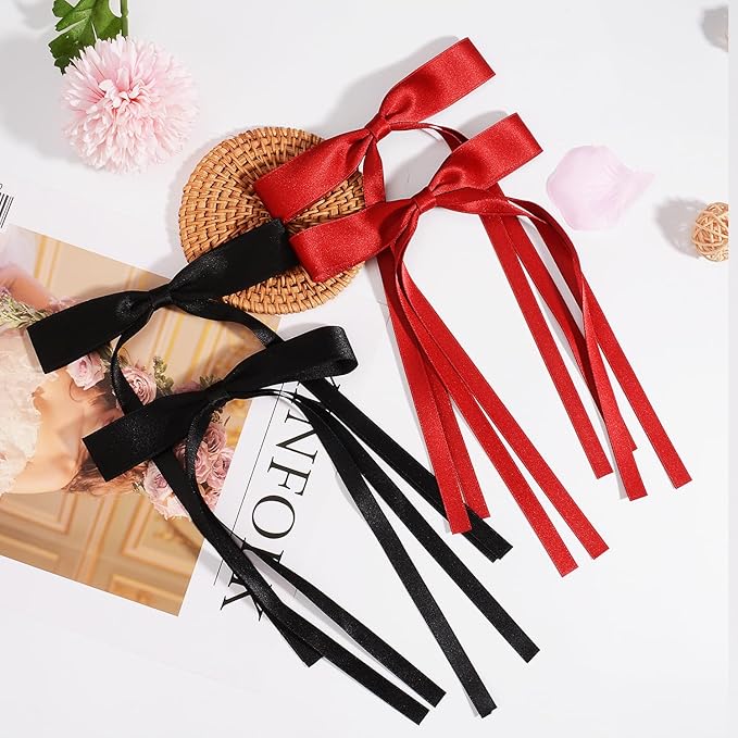 4 PCS Tassel Ribbon Bowknot Hair Clips With Long Tail for Women Girl Teens Kids, Solid Holder Fashion Bow Bowknot Hair Accessories Headwear Barrettes Claw(Black&Red)