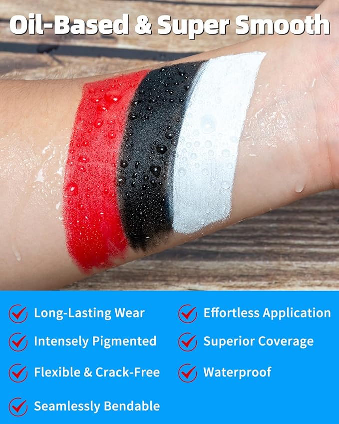 3 Colors Oil Based Face Body Paint Set with 6 Brushes, White Black Red Clown Makeup Kit for Halloween Goth Pennywise Joker Devil Zombie Vampire Skeleton SFX Cosplay Stage, Non Toxic for Kids & Adults