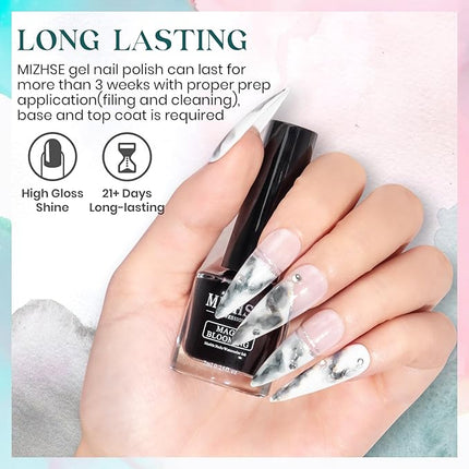 MIZHSE Marble Nail Polish, Marble Ink for Nails Gel Blooming Gel Nails Polish 12 Colors Nail Ink Magic Watercolor Pink Blue Purple Blossom Gels for Manicure Varnish Art Flower Design