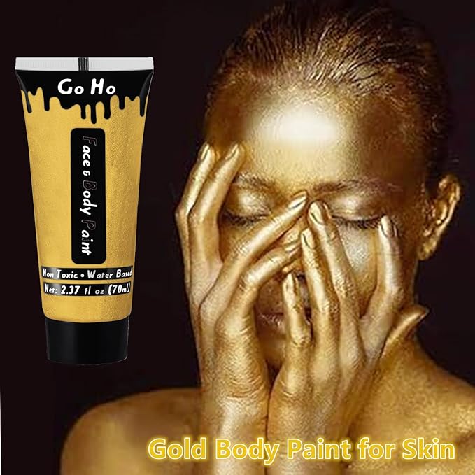 Go Ho Metallic Gold Face Body Paint Washable(2.37oz/pc),Water Based Cream Gold Face Paint,Body Paint for SFX Cosplay Costumes Festivals Halloween Makeup