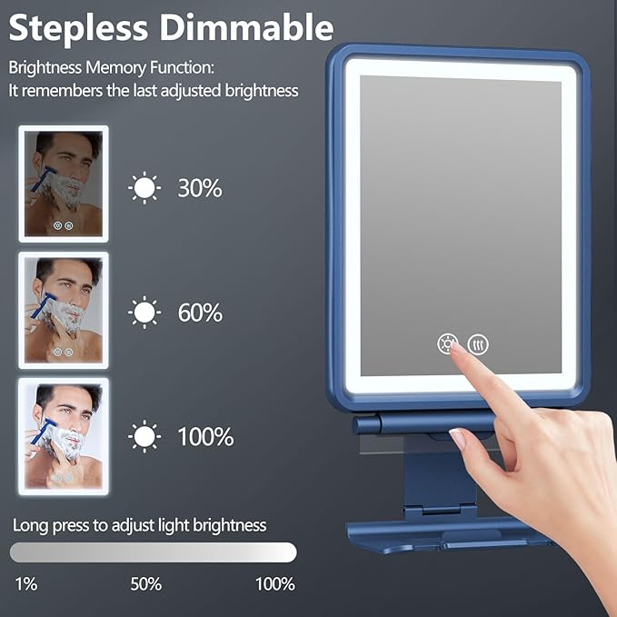 Heated Shower Mirror Fogless for Shaving, 3 Colors Stepless Dimmable Lights Fogless Mirror for Shower, Rechargeable Anti Fog Shaving Mirror with Razor Holder for Men, Light Memory Function, Blue
