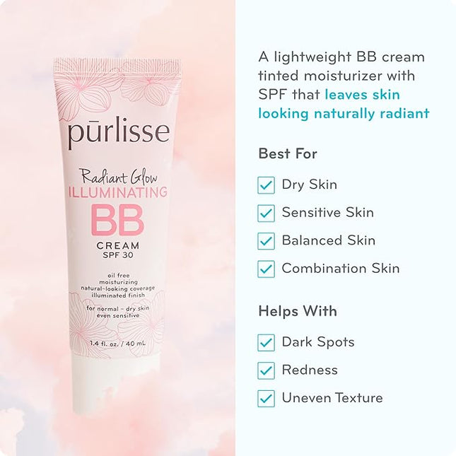 pūrlisse Radiant Glow Illuminating BB Cream with SPF 30 - Glow BB Cream Enriched with Goji & Hawthorn Berry for Dewy Skin - Helps to Improve Skin Texture & Radiance - Fair (1.4 oz)