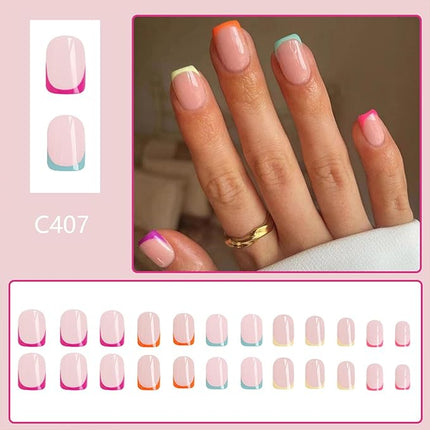 Colorful French Tip Press on Nails Short Square Cute Rainbow Fake Nails Press ons Glossy Full Cover Glue on Nails Natural Nude False Nails Acrylic Stick on Nails for Women Girls 24 Pcs