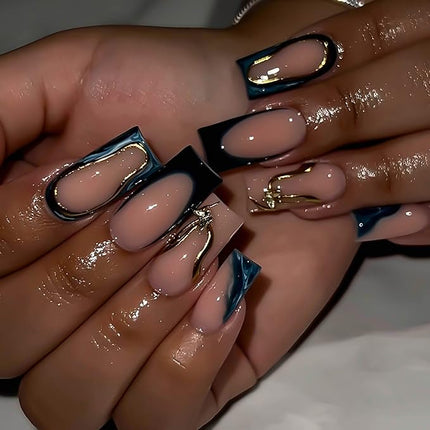 RUOKEXIN Long Square Press on Nails French Tip Fake Nails Gold Ombre False Nails with Designs Sparkly Artificial Nails Long Nail Press ons Cute Stick on Nails for Women 24Pcs