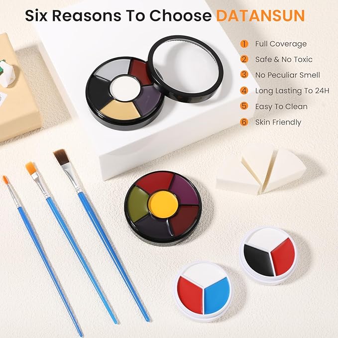 6 Colors Face Body Paint + 6pcs Sponge + 3pcs Brush, 【Full Coverage】【Skin Friendly】【Long Lasting】, Professional Paint Makeup Product For Halloween/Masquerade/Cosplay/Movie Makeup