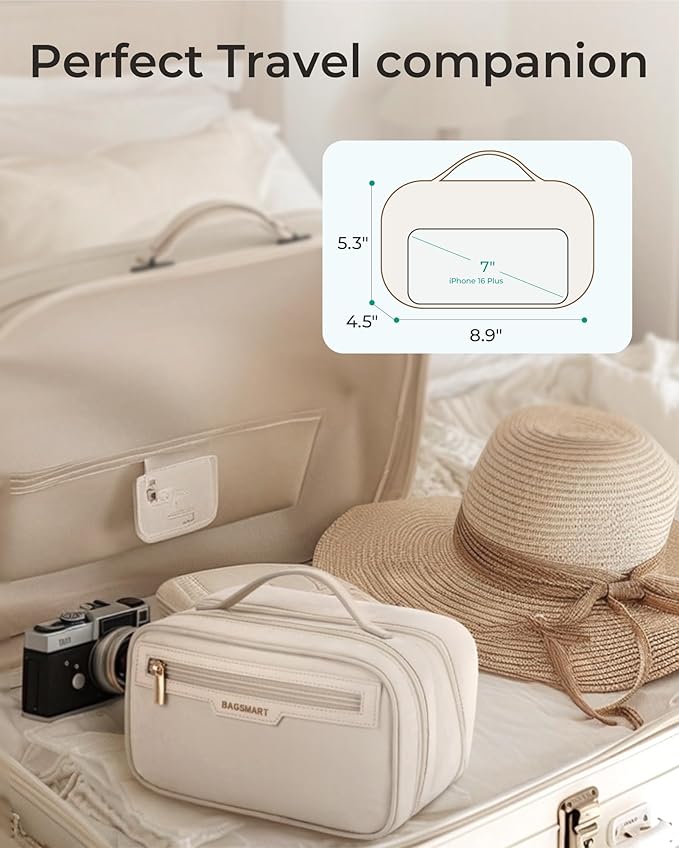 BAGSMART Travel Makeup Bag Large Capacity Cosmetic Bag, Wide-open Portable Make Up Bag Organizer for Women for Travel Essentials Travel-Size Toiletries Accessories Bottles, Brushes (Warm Gray)