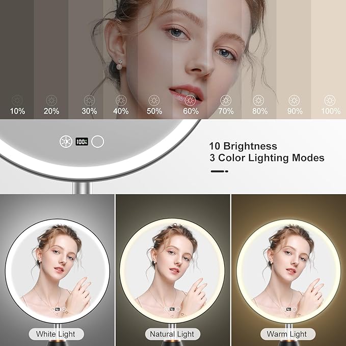 Vanity Mirror with Lights, Rechargeable Lighted Makeup Mirror with 10X/1X Magnification, LED Display for Desk, 3 Color Lights Touch Dimmable, 10.5" Round, Gifts for Women