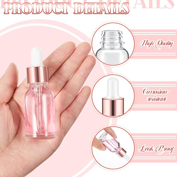 100 Pcs Mini Glass Oil Dropper Bottle Bulk, Clear Essential Small Empty Bottles Sample Containers Perfume Liquid Vials with Cap for Traveling (15 ml,Rose Gold)