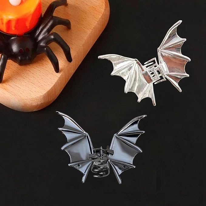 2Pcs Halloween Hair Claw Clips Black and Silver Bat Hair Styling Accessories for Women Girls, Gothic Large Medium Size Catch Clips for thick Hair Holiday Gifts ﻿