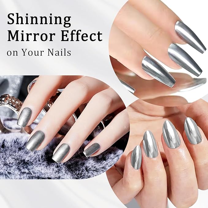 SIUSIO 18ml Mirror Nail Polish, Bright Colorful Metallic Nail Polish for Nail Art, Longlasting Mirror Effect Nail Glue, Gorgeous Reflective Manicure Nail Lacquers, 0.61 fl oz-Silver
