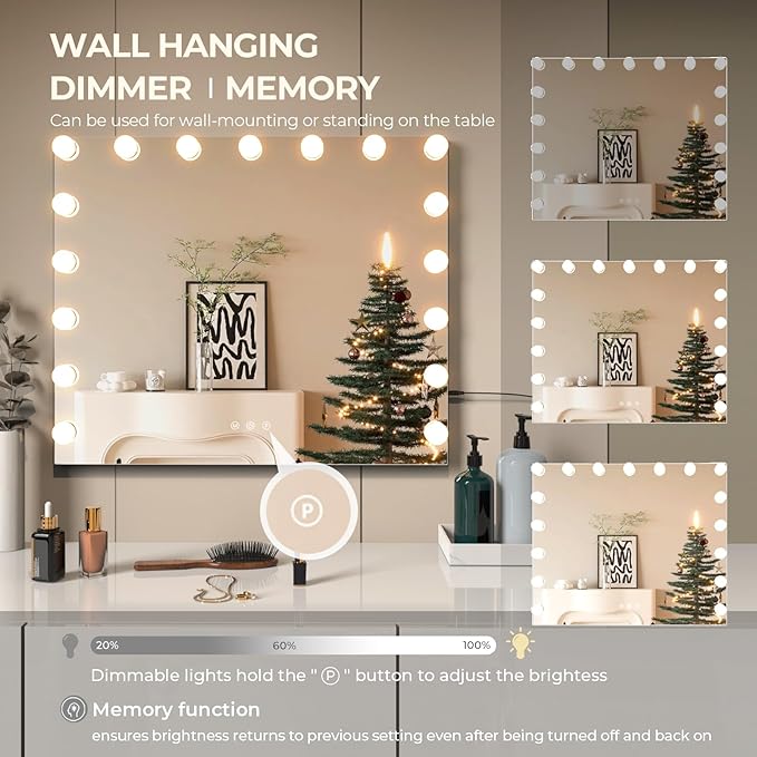 ZL ZELing ZELing Vanity Mirror Makeup Mirror with Lights,23.6" x 19.6"Large Tabletop Light up Mirror with 17Bulbs,10X Magnification,USB Charging Port,3 Color Touch Control Dimmable Lights.