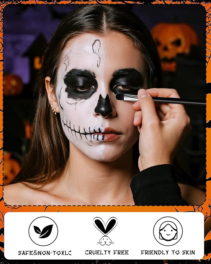Halloween Effects Makeup Kit, Red Black White Face Paint, Makeup with Tri-color makeup Tattoo stickers sponges brushes, Perfect for Halloween Zombie Vampire Skeleton