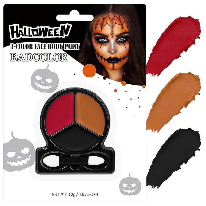 Black Red Orange Face Body Paint with Applicator, Face Painting Kit for Halloween Makeup, Pumpkin, Tiger Costume, Cosplay,Theme Parties, Dress Up - Compact & Portable