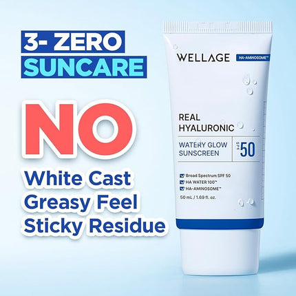 WELLAGE Real Hyaluronic Watery Glow Sunscreen Double Set SPF50 - Broad Spectrum UV Protection with 6 Types Hyaluronic Acid - No White Cast, Makeup Base - K-Beauty Face Sunscreen, 1.69 fl.oz x 2 Pack