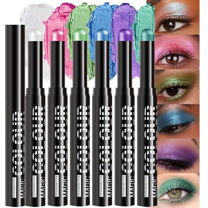 6Pcs Cream Eye Shadow Sticks Makeup for Women, Transparent Pink Hot Pink Yellow Green Dazzling Blue Purple Cyan Green Shimmer Matte Eye Shadow Brightener Stick for Eyes, Waterproof Eyeshadow Pencil 04