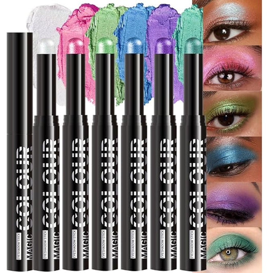 6Pcs Cream Eye Shadow Sticks Makeup for Women, Transparent Pink Hot Pink Yellow Green Dazzling Blue Purple Cyan Green Shimmer Matte Eye Shadow Brightener Stick for Eyes, Waterproof Eyeshadow Pencil 04