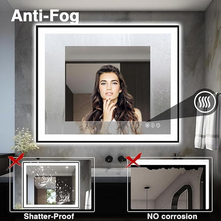 40x32 LED Bathroom Mirrors for Wall -Black Aluminum Framed (Front and Backlit), Anti-Fog Vanity Mirror With Lights,Stepless Dimmable Lighted Mirror,3 Colors Smart Mirror(Horizontal/Vertical)