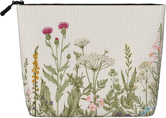 MOLAIGIN Vintage Color Plants Herbs Floral Cosmetic Bag For Women, Travel Makeup Bag, Toiletry Zipper Bag, Large Capacity Aesthetic Cases