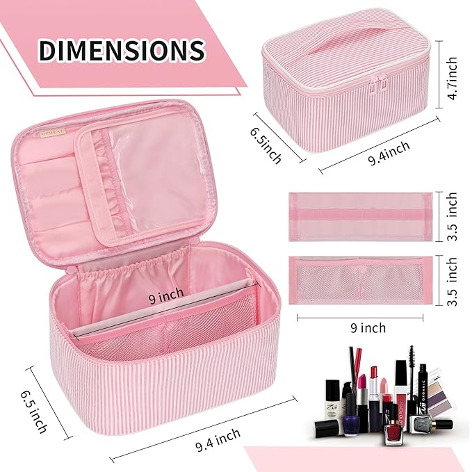 OCHEAL Makeup Bag for Women - Travel Cosmetic Organizer with Brush Slot & Divider, Large Capacity Toiletry Bag for Girls, Travel Makeup Case for everyday Make up Accessories -Pink stripes