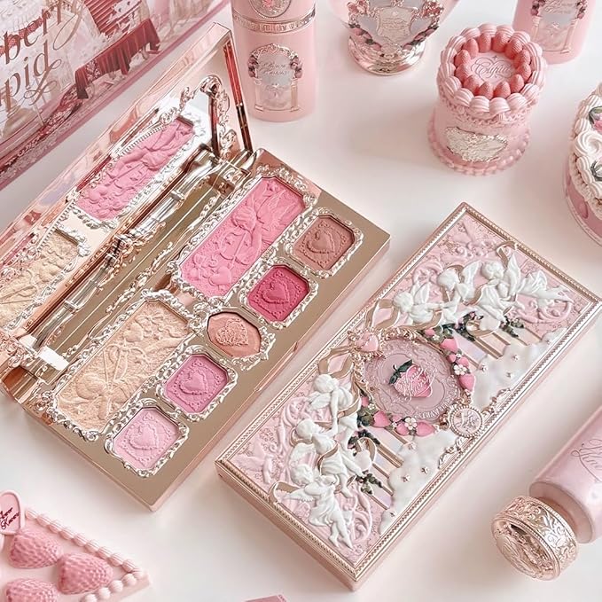 Flower Knows Strawberry Cupid Makeup Palette,Eyeshadow,Blush,Highlighting & Contour All-in-One Face Makeup Palette with 4 Matte+3 Shimmer Pink Shades(S02 Cupid's Mischief,0.49 Oz)