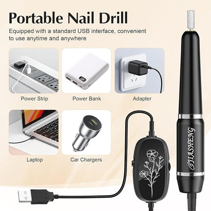 JIASHENG USB Electric Nail Drill, Portable File for Acrylic Gel Nails, Professional Manicure and Pedicure Kit With Drill Bits for Home and Salon Use, Black