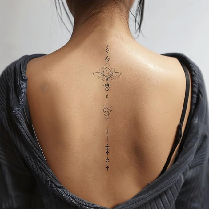 Lotus Temporary Tattoo – Elegant Fine Line Floral Spine for Women, Realistic & Long-Lasting Semi-Permanent Tattoos