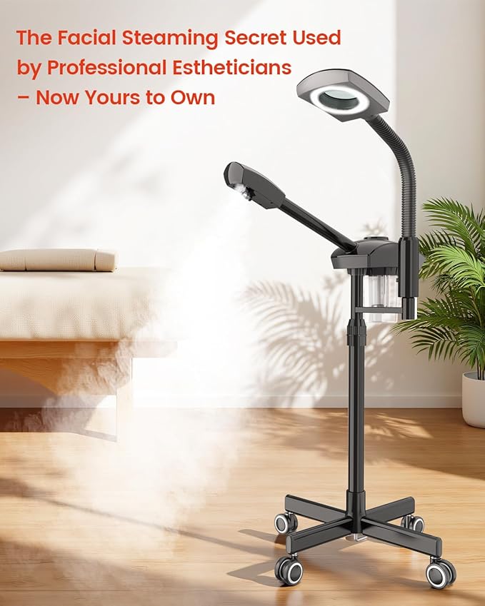 Kingsteam 2-in-1 Salon Grade Professional Facial Steamer with 5X Magnifying Lamp,Esthetician Steamer for Women,Hot Mist Face Steame: 2 Adjustable Steam Levels, 60 Min Timer & 3-Level LED Light (Black)