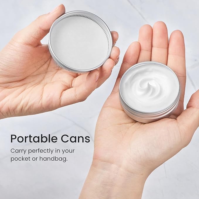 TUZAZO 12Pack 1 Oz Aluminum Tin Cans with Screw Lid and Labels, Refillable Travel Sized Cosmetic Containers Small Tins for Salves, Lotion Bars, Beard Balms, Candles