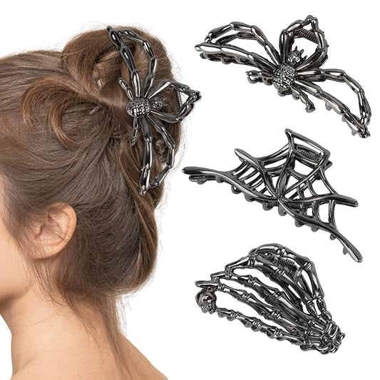 3PCS Black Spider Hair Claw Clips for Women Mental Gothic Claw Clips for Styling Strong Hold Hair Accessories for Halloween Party Gifts