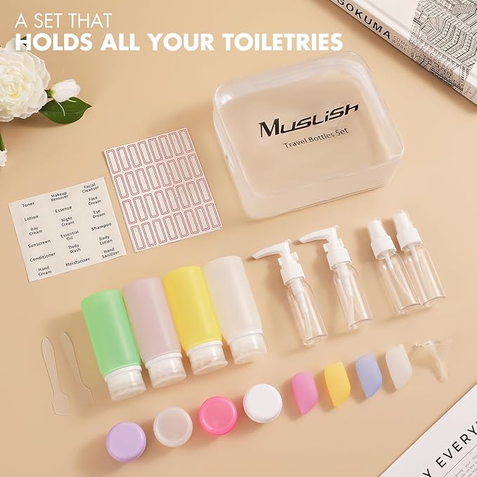 Muslish 21 Pack Leak Proof Silicone Travel Bottles Set, TSA Approved Containers for Toiletries, Travel Size Accessories and Shampoo Conditioner Bottles with Toiletry Bag (BPA Free)