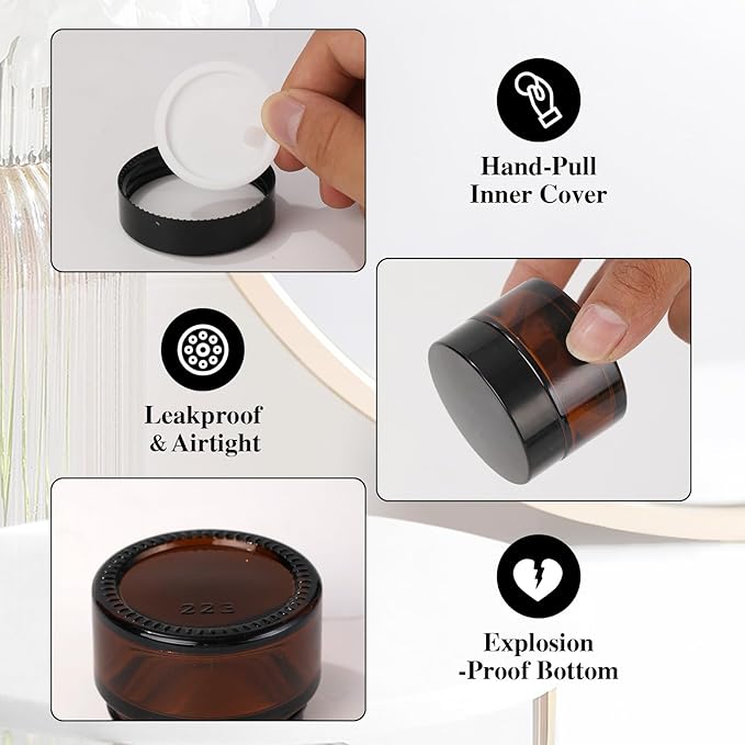 Amber Glass Jars with Lids, 1/2/4oz 3 Pack Small Glass Jars with Inner Liners, Reusable Empty Round Cosmetic Container for Creams, Lotion, Cosmetic, Spice, Powder