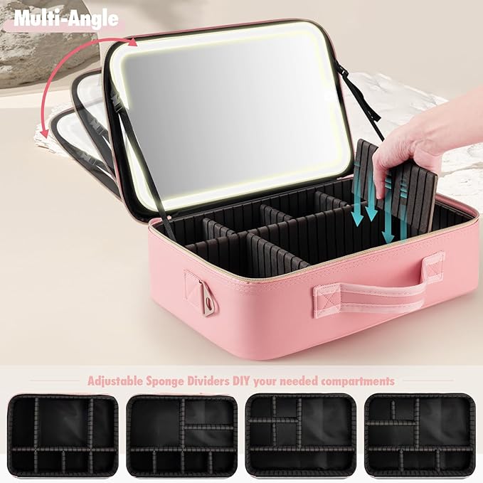 Large Travel Makeup Bag with LED Mirror, 3-Color Stepless Dimming Stand Mirror Detachable, with Adjustable Divider, Makeup Brush Holder Storage (Pink)