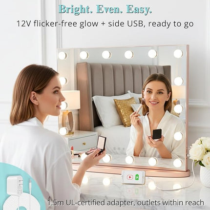 LUXFURNI Hollywood Glamour Vanity Mirror with 4 Extra Bottom Bulbs | Shadow-Free, Perfect Makeup View | Desk & Wall Mountable | 3 Color Modes for Office, Outdoor, Party Looks | USB Charging