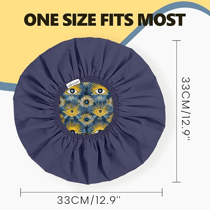 Years Calm Evil Eye Shower Caps for Women Reusable Waterproof, Pattern and Solid Color Dual-Layer Design, Hair Cap for Shower with Elastic Band, Fits Braids, Dreadlocks & Long Hair (Royal Blue)