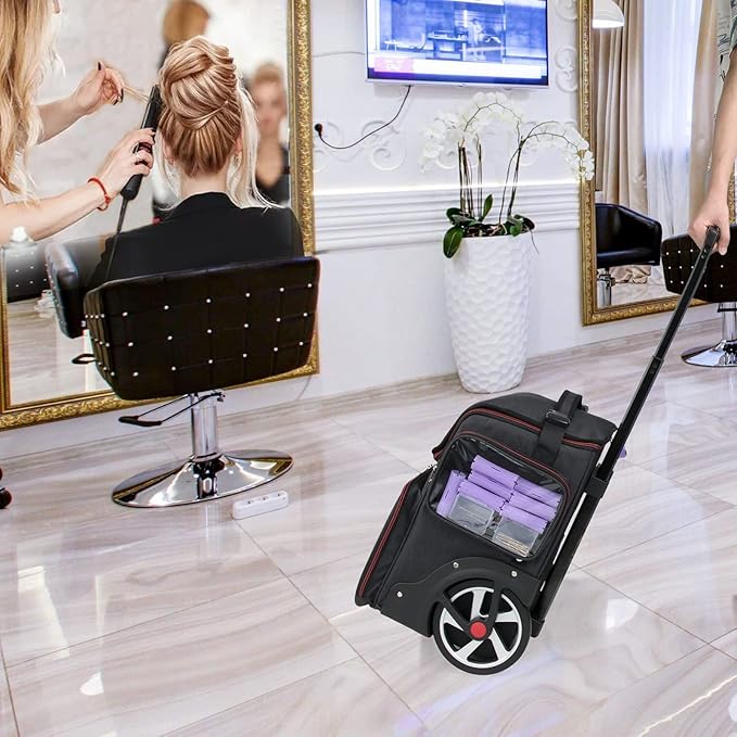 Large Makeup Train Case,Cosmetic Makeup Case for Hairstylist, Hairdresser Bag with Detachable Pouch,Heat Insulation and Anti-scalding Full layer for Hairdressing Tool Organizer Trolley with wheels