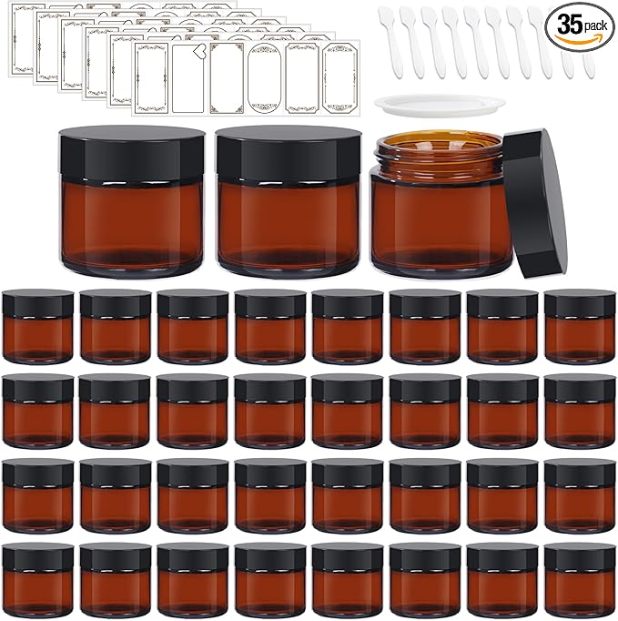 35 Pack 2 oz Amber Round Glass Jars with Black Lids - Portable Empty Glass Containers with Inner Liners for Cosmetic, Body Butters, Body Butter, Candle Jars