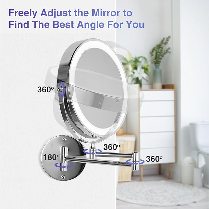 Wall Mounted Lighted Makeup Mirror: 8.5 Inch Double Sided Makeup Mirror with 1X/15X Magnification for Vanity, Bathroom, and Shaving - Chrome