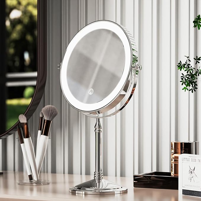 Nicesail Desk Mirror with Light 1X/10X Magnifying with 3 Color Dimmable Lights Desk Mirror, Cordless 360 Rotation 4000mAh Rechargeable, Double Sided Mirror for Desk, 8 Inch Standing Chrome Finish