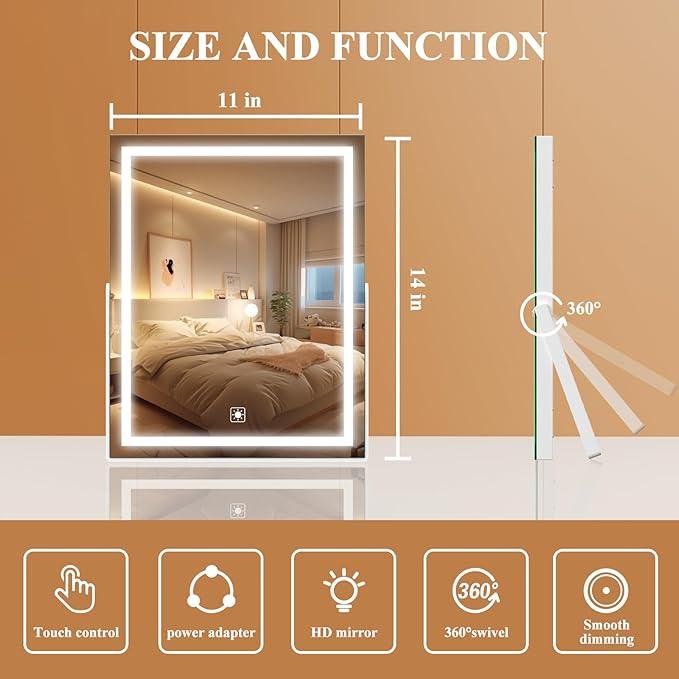 Vanity Mirror with Lights, 11"× 14" LED Makeup Mirror, Lighted Makeup Mirror with Lights, Smart Touch Control Dimmable 3 Modes Light 360°Rotation White