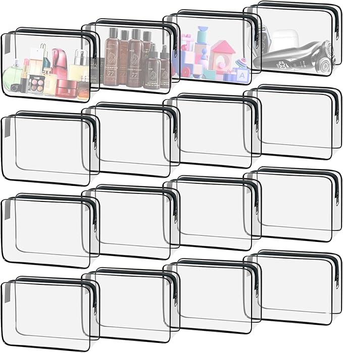 16 Pack Waterproof Cosmetic Bag TSA Approved Toiletry Bag, Portable Travel Pouch with Zipper, Vinyl Plastic Organizer Storage for Men and Women (Black-L)