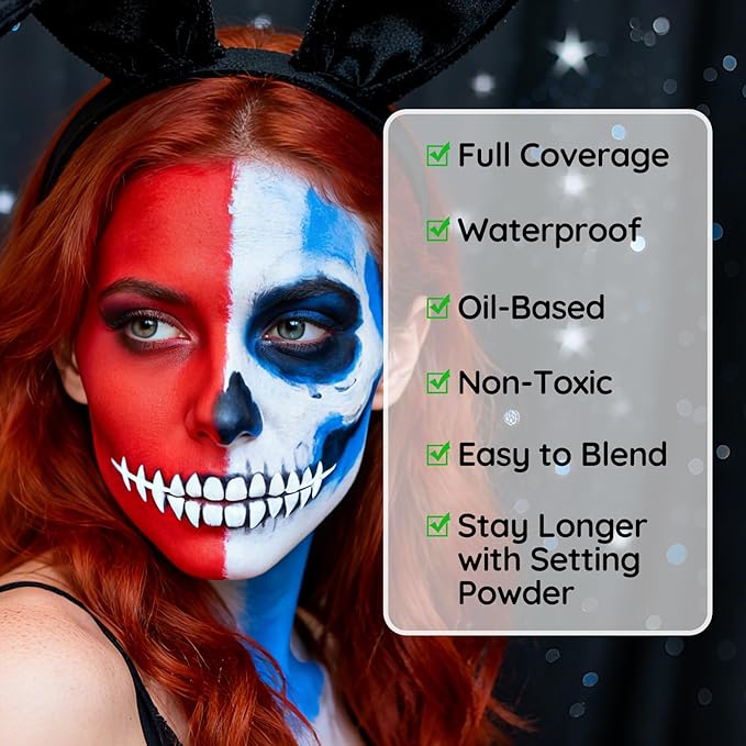 Halloween White Blue Red Face Painting Kit For Joker & USA Flag Makeup, Body Paint for 4th of July Pride Independence Day, Cosplay, Costume, Theme Parties and SFX Special Effect