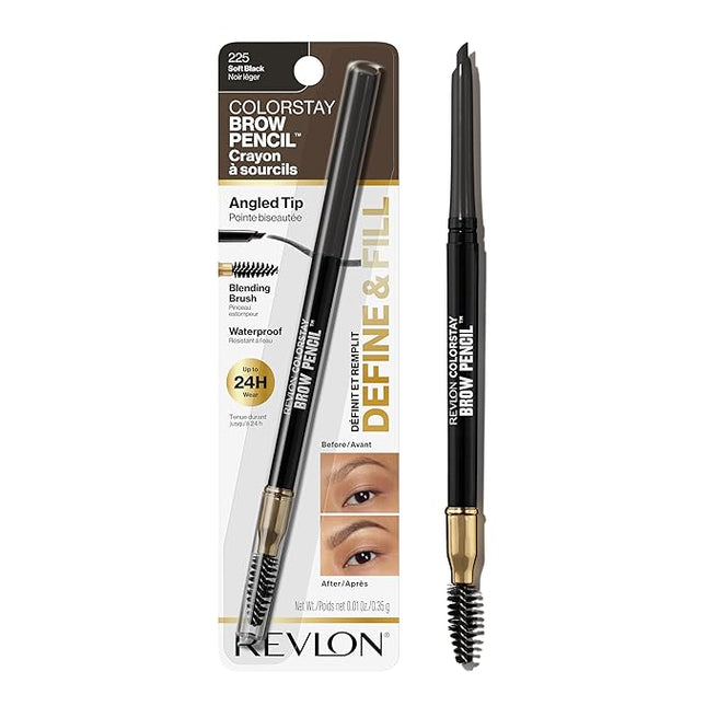 Revlon ColorStay Eyebrow Pencil with Spoolie Brush, Waterproof, Longwearing, Angled Tip Applicator for Perfect Brows, 225 Soft Black, 0.021 oz