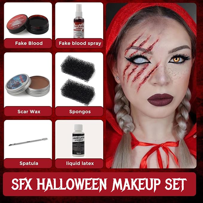 Halloween Sfx Makeup Kit, Special Effects Makeup Kit, Scar Wax with Double-Ended Spatula, Washable Fake Blood, 2 Stipple Sponge, Scab Coagulated Blood Gel, Realistic (Blood Red)