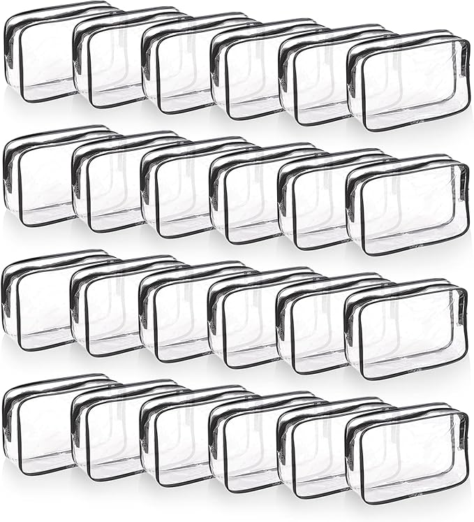 24 PCS Clear Makeup Bag with Zipper, Waterproof Transparent Toiletry Bag Organizer, PVC Portable Cosmetic Bags for Women Men Traveling Vacation Bathroom Home (Black)