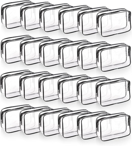 24 PCS Clear Makeup Bag with Zipper, Waterproof Transparent Toiletry Bag Organizer, PVC Portable Cosmetic Bags for Women Men Traveling Vacation Bathroom Home (Black)