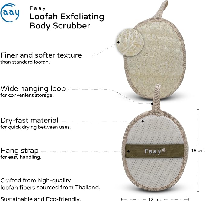 FAAY Thai Loofah Spa Set – 17″ Teak-Handled Back Scrubber with Refill + 2 Face & Body Exfoliating Pads